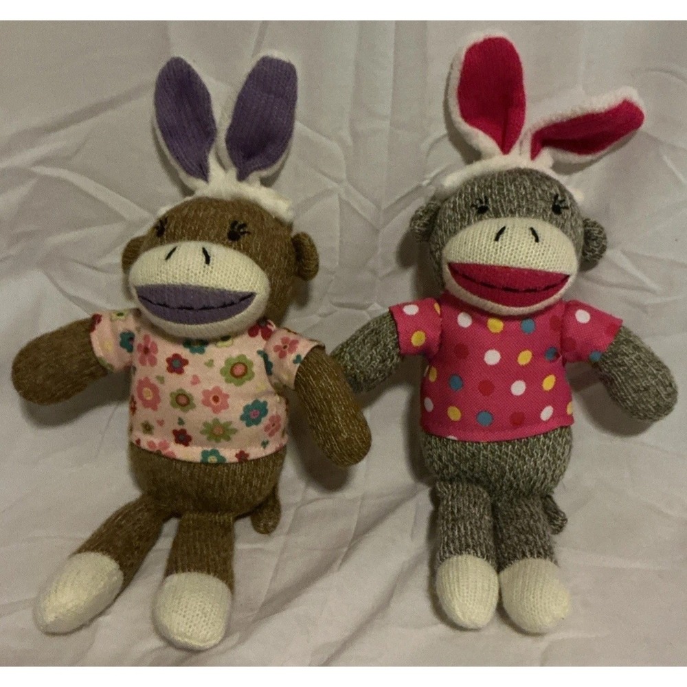 2 Easter Sock Monkeys 12" by Dan Dee Plush Bunny Ears‎ Stuffed Animal Toys